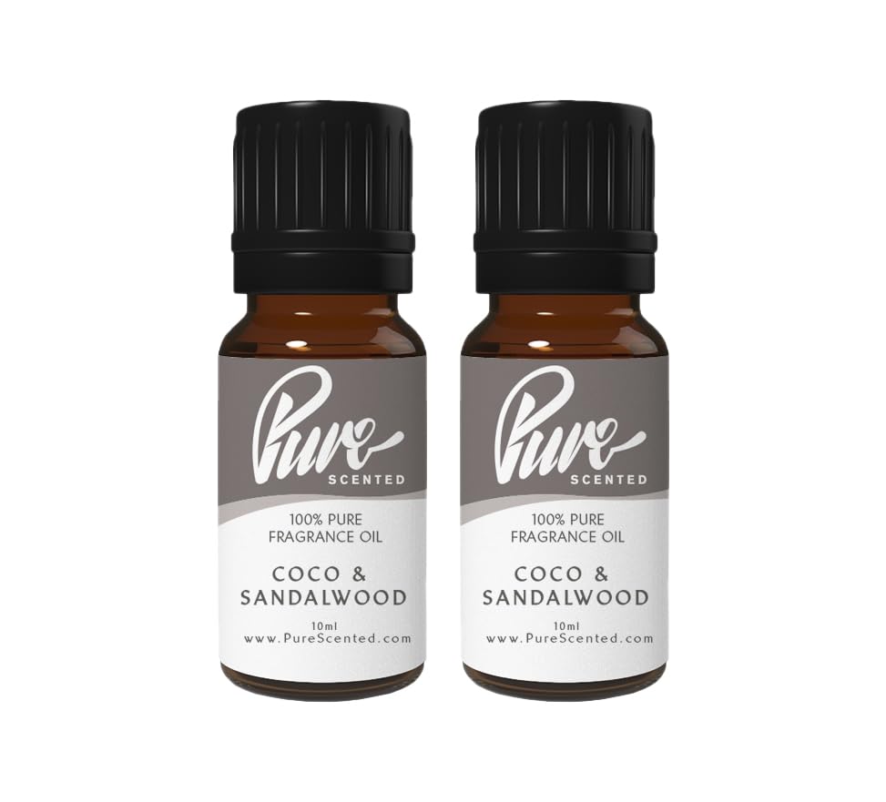 Pure Scented 20ml Fragrance Oils - 2 x 10ml Suitable for Candles, Soaps, Slime, Diffusers, Cosmetics, Wax Melts, Designer (2 x 10ml, Coco & Sandalwood)