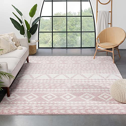 Image of Well Woven Tribal Diamond Stripes Blush Pink Soft Shag Area Rug 5x7 (5'3"x7'3")