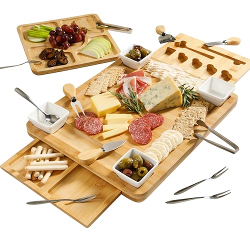 Gibson Home Rustic Inspirations - Set di 18 taglieri per salumi in bambù, grande vassoio per formaggi e frutta, con cassetto nascosto, ciotole in ceramica, utensili per servire e servire