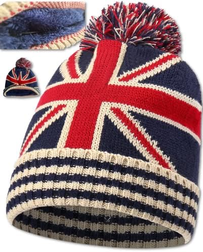 Union Jack Flag Thermal Hat  Bobble Hat  Bob Winter Pom-Pom Cap Smart Fitting, Acrylic Cosy & Comfortable Warm UNISEX - Gift Idea - One Size Fit Most