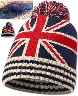 Union Jack Flag Thermal Hat  Bobble Hat  Bob Winter Pom-Pom Cap Smart Fitting, Acrylic Cosy & Comfortable Warm UNISEX - Gift Idea - One Size Fit Most