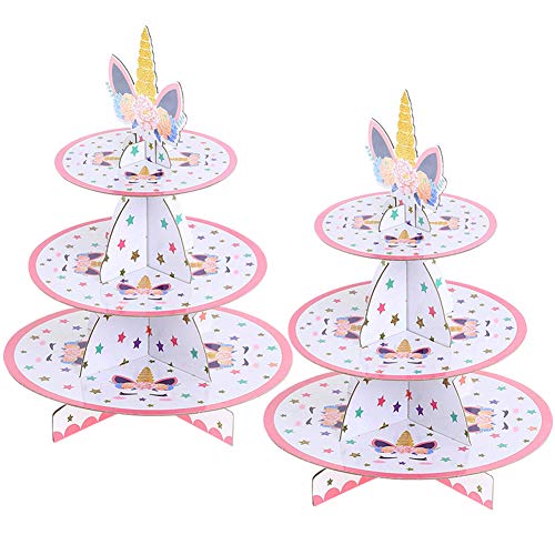 JINLE 2 Unidades Soporte de Magdalenas de Cartón Unicornio de 3 Niveles, Postre Soporte para Cupcakes Redondo para Cumpleaños, Fiesta, Baby Showers