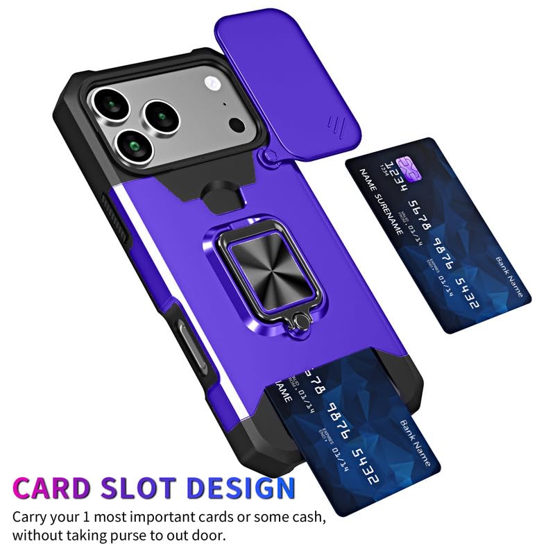 Image of LuxuryKase Shockproof Armor Case for iPhone 17 Pro Max | Slide Camera Cover | Hidden Card Slot | Rotating Ring Kickstand | Magnetic Car Mount Support | Military Grade Protection - Purple