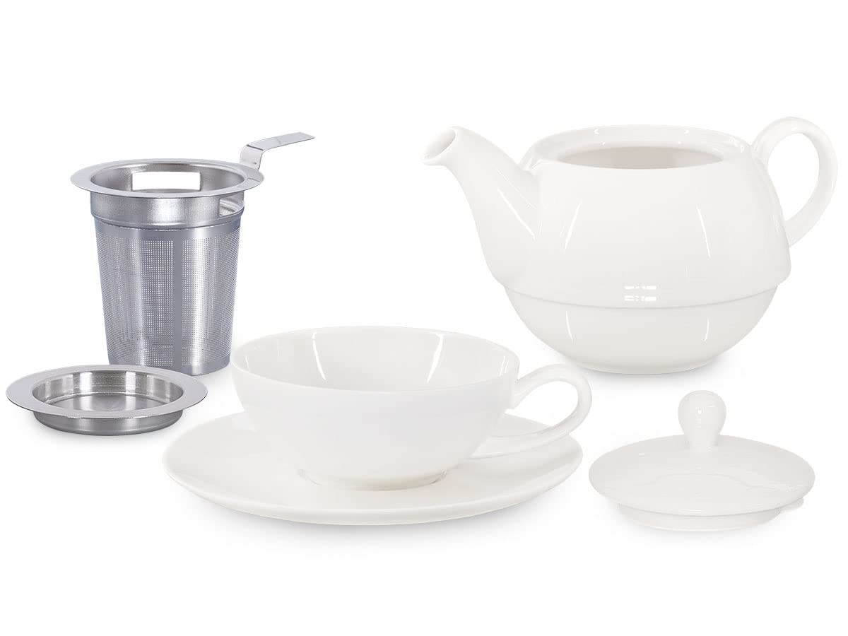 Tea for One mit Sieb Lena 500ml aus Crystal Bone China Porzellan in weiß. Teekanne + Teetasse + Untersetzer + Sieb + Abtropfschale