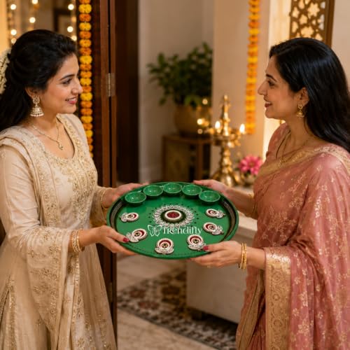 Image of Trendifly Mint Green Metal Pooja Thali Set with 5 Diya Holder | Mirror Stone Work Puja Aarti Thali Set for Home Mandir Temple Room | Home Ceremony Pooja Wedding Baby Shower Festival Return Gifts