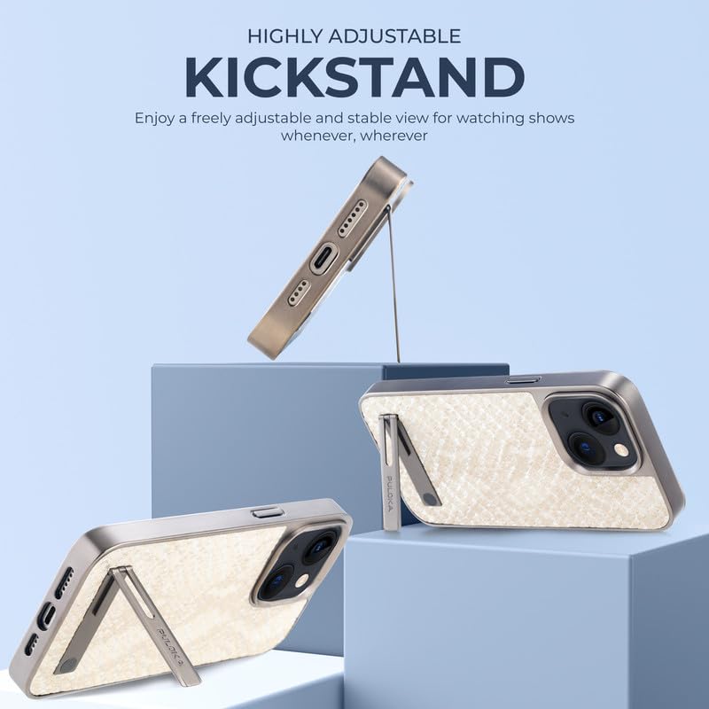 Image of PULOKA for iPhone 14 Back Cover with Kickstand & Metal Camera Ring & 360 Military-Grade Protection, | Ultra Hybrid Slim Case (White, iPhone 14)
