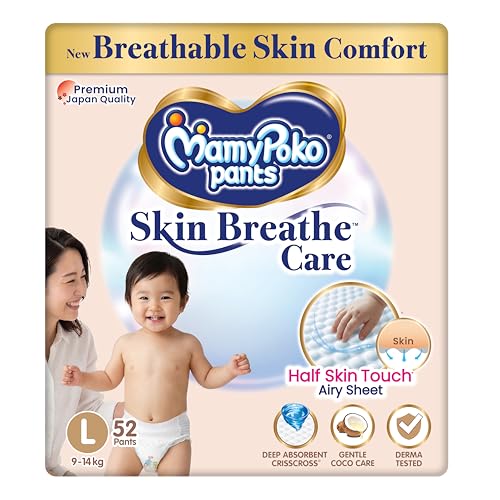 Image of MamyPoko Pants Skin Breathe Care | Baby Diapers Large Size (L) | 52 Count | 9-14Kgs | Half Skin Touch Airy Sheet | 3X Breathable | Derma Tested