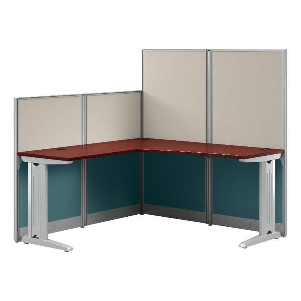 Bush Business Furniture Office in an Hour 3 Person L Shaped Cubicle Desks with Storage, Drawers, and Organizers in Hansen Cherry | Triple Workstation Set with Privacy Panels for Commercial Workspace