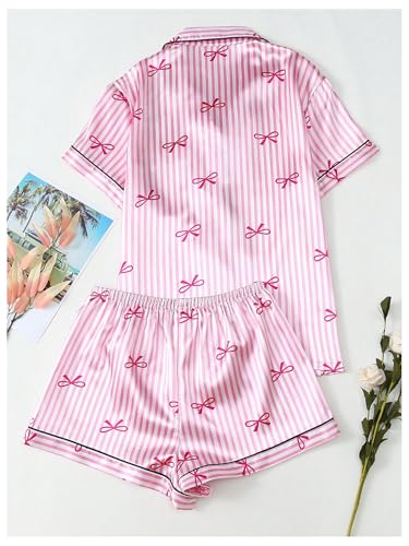 Verdusa Women's 2 Piece Satin Pajamas Short Sleeve Button Down Top and Shorts Set2