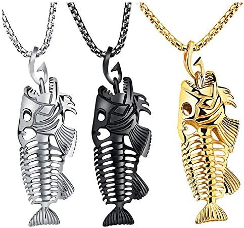Comimark 3Pcs Fish Bone Whole Fish Skeleton Stainless Steel Pendant Necklace Gold Black Silver image 5