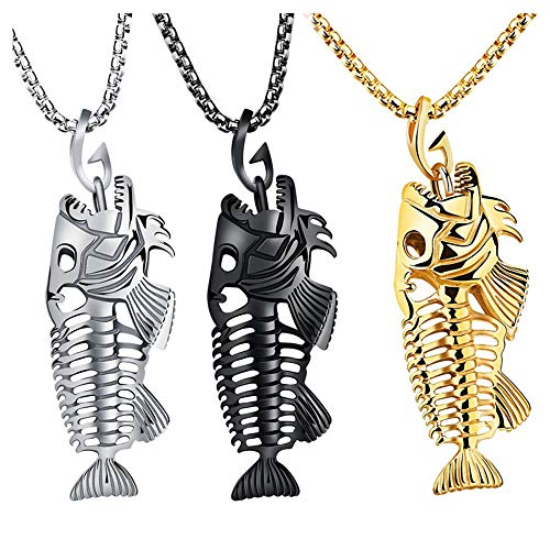 Comimark 3Pcs Fish Bone Whole Fish Skeleton Stainless Steel Pendant Necklace Gold Black Silver