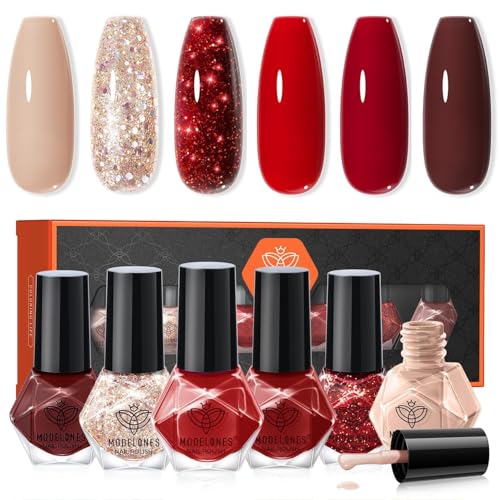 modelones Red Nail Polish Set 6 Colors, Brwon Nude Burgundy Gold Glitter Quick Dry Sparkle Mini Manicure Kit DIY Nail Art Salon Home Christmas Gifts for Women Girls