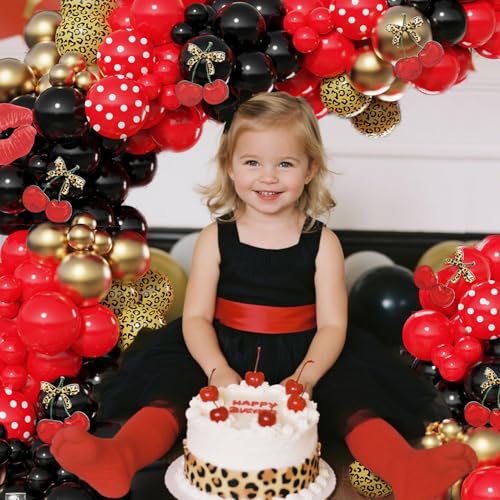 Image of 145pcs Red and Black Balloon Arch Kit with Leopard Cheetah Print Balloons for Women's Birthday Decorations, Baby Shower Bachelorette Spa Party Decorations