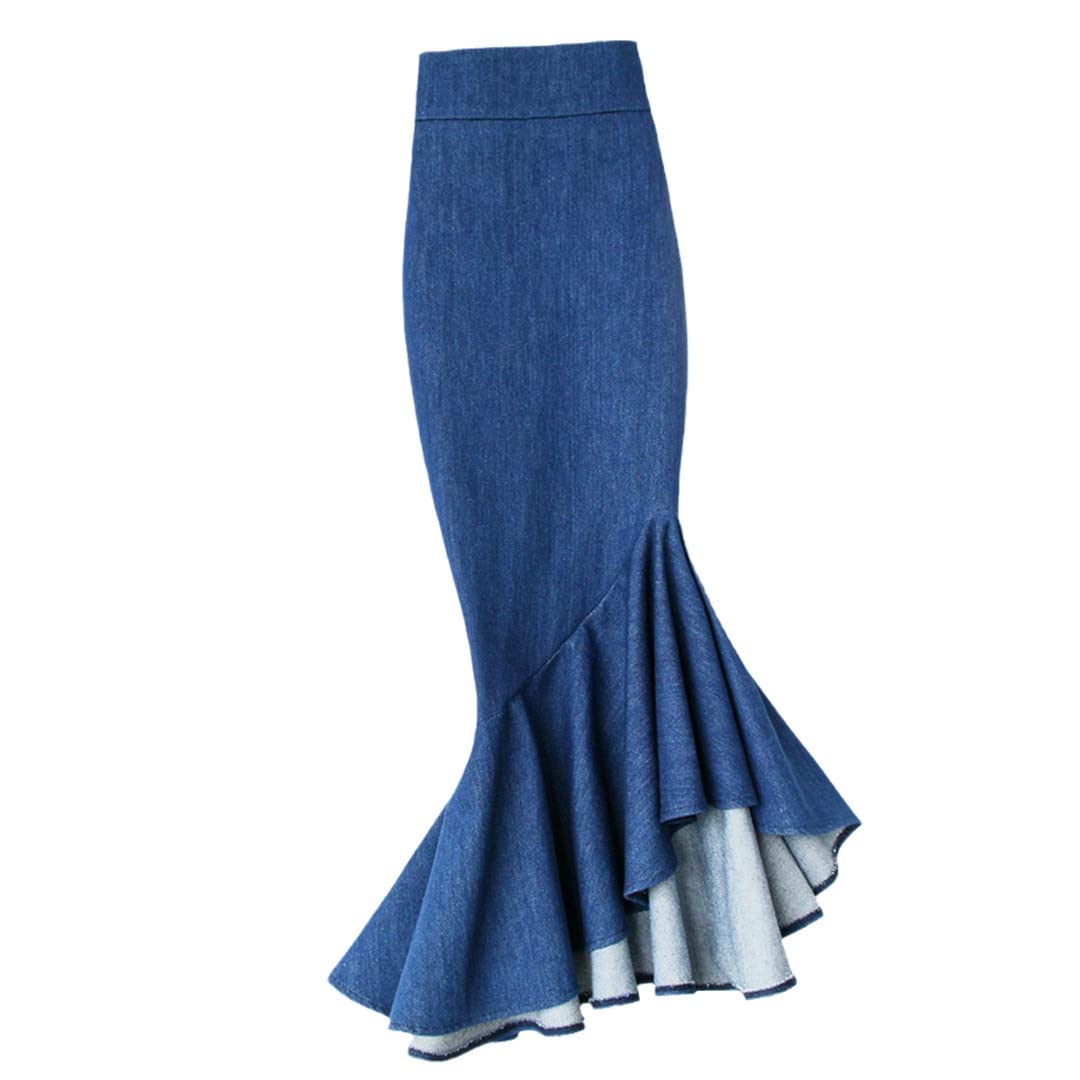 PYTRXGBO Gonna da donna Plus Size Mermaid Denim Gonna elasticizzata a vita alta con volant, Lunghezza al ginocchio, M
