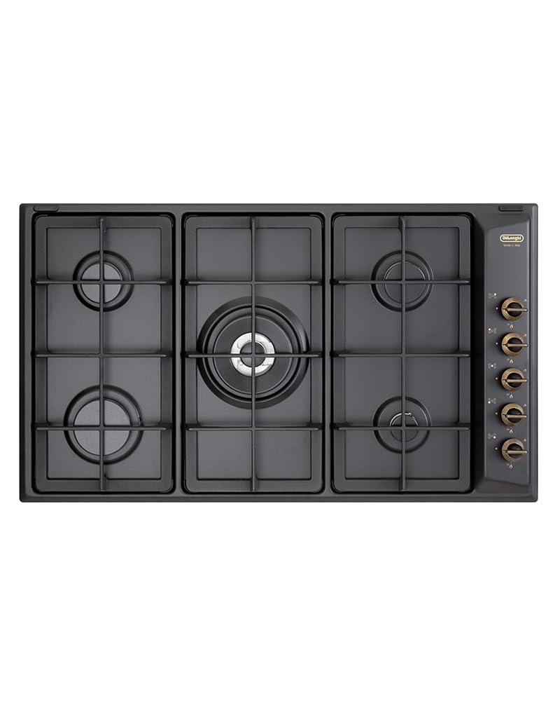 De'Longhi ANL 59 PRO Plan de Cuisson à Gaz 90 Cm, 5 Brûleurs dont 1 Double Couronne, Acier Émaillé Noir, Grilles en Fonte, Boutons en Laiton Patiné, Design Country