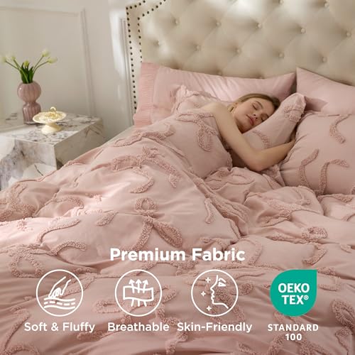 Image of Bedsure Tufted Rose Pink Full Size Comforter, GentleSoft 3 Pieces Bow Cute Bedding Pink Room Decor, Gifts for Girls Teens Women, All Seasons, 1 Bed Comforter, 2 Pillow Shams, 82x86 Inches