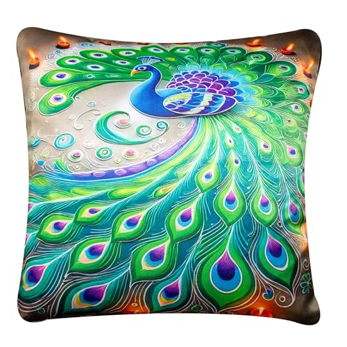 Image of Decorative Satin Sofa Cushion Pillow Covers for Sofa & Living Room Set of 5, 24 inch x 24 inch 5 piece, Ethnic, Diwali Peacock, Mandala Design, Zipper Closure (Utsav Glow, 24X24 Inches)