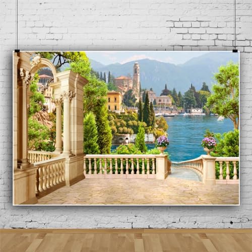 SDOTPMT 10x6.5ft Spring Urban Garden Backdrop Blue Ocean Green Mountain Retro Courtyard Theme Photography Background for Girl Bride Portrait Seascape Romantic Wedding Photo Studio Props - Image 3