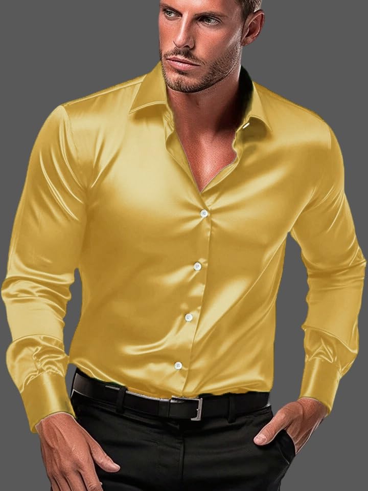 Image of IndoPrimo Men's Satin Shirt with Spread Collar Neck Line Solid Pattern Full Sleeves Regular Fit Western Style and Standard Length