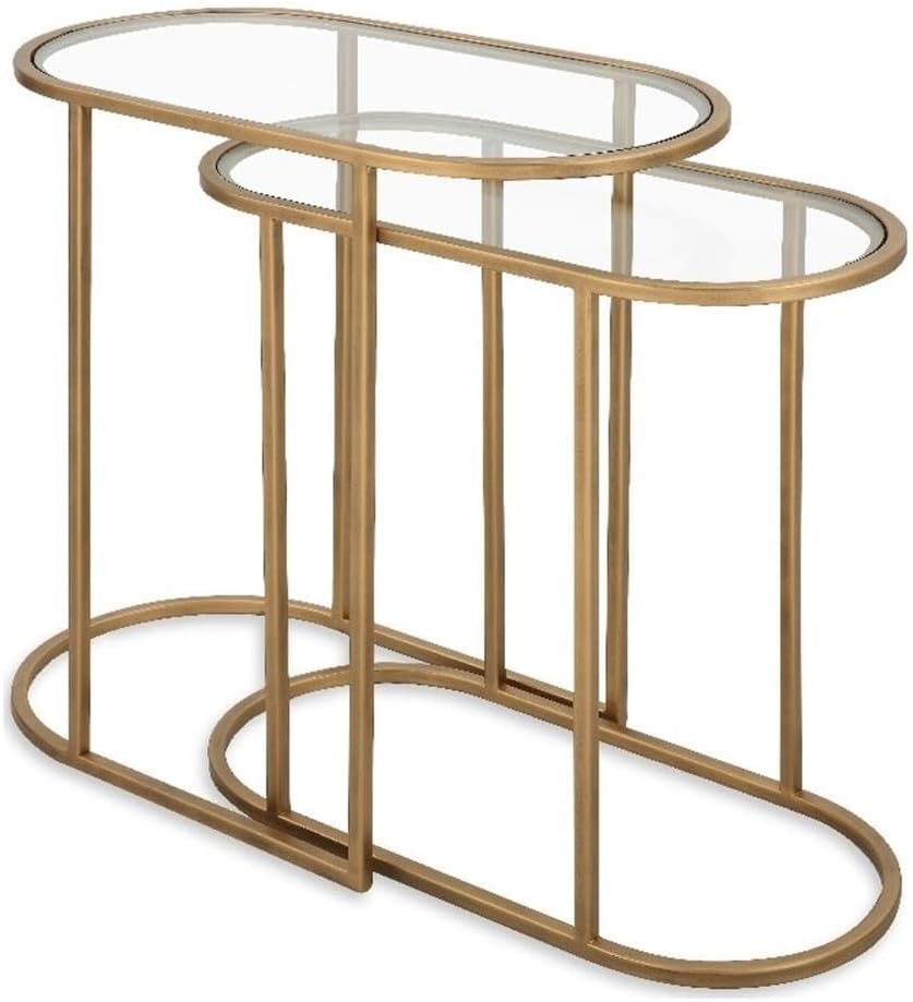BOWERY HILL Iron Accent Table, Antique Brushed Brass Finish, 22" H x 24" W x 12.5" D, Oval Nesting Design, Tempered Glass Top, Versatile Living Room or Home Decor Table