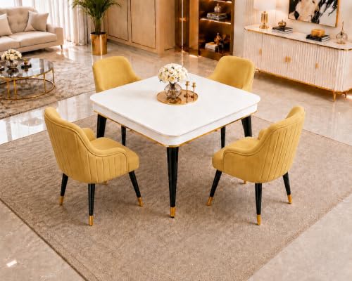 Image of WOODEN SPACE 4 Seater Wooden Dining Table Set | Urban Marble Top Dining Table with Chairs for Dining Room & Kitchen (Modern Zyro Yellow) (42 x 42 x 30 inch)
