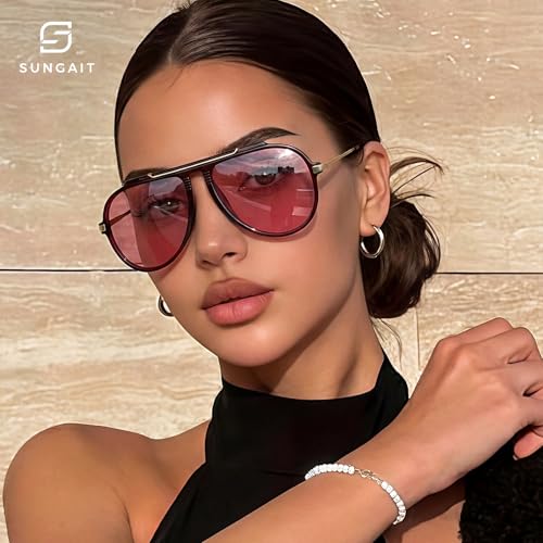 SUNGAIT Oversized Aviator Sunglasses Women Stylish Tangle Free Pilot Shades Retro Gold Metal Accents & Muti-color UV400 Lens(Dark Purple Red Frame/Purple Red Lens) — view 2