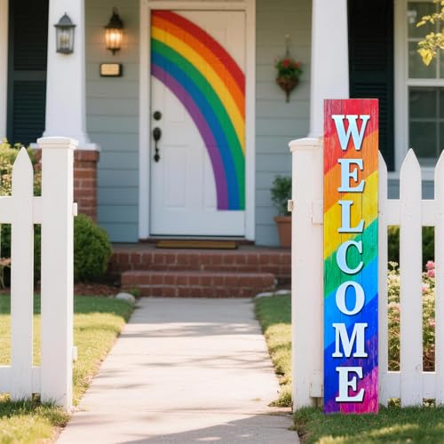 Image of Vertical Wooden Rainbow Welcome Porch Sign,Rustic Porch Standing Sign,Decorative Plaques for Front Door,Farmhouse Style Outdoor Indoor Welcome Decoration-47.2 inch H