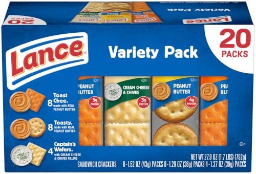 Lance Sandwich Crackers, Variety Pack, 3 Flavors, 20 Individually Wrapped Packs, 6 Sandwiches Each