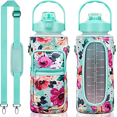 Half Gallon Water Bottle with Sleeve Large 64 OZ Water Bottle with Straw & Time Marker to Drink Leakproof Motivational BPA Free Big Water Jug with Insulated Neoprene Holder Women Men Workout Gym Sport