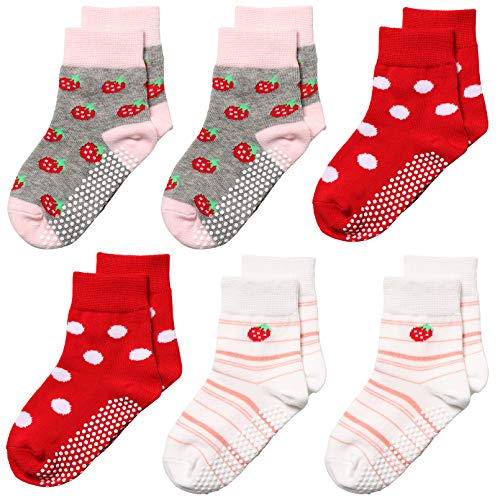 SQUANCHY 6 Pairs Infant Toddler Cotton Socks Non Skid for Kids Baby Socks Boys Girls Grips Crew Cartoon Novelty Socks Strawberry 1-3/3-5/5-7