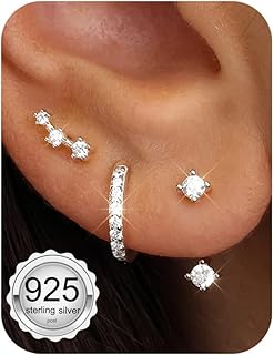 3 Pairs 925 Sterling Silver Hypoallergenic Earrings for Women Trendy - 14K Gold Plated Stud Hoop Cartilage Earrings Set Small Earring Stacks for Sensitive Ears Non Tarnish Dainty Silver Earring