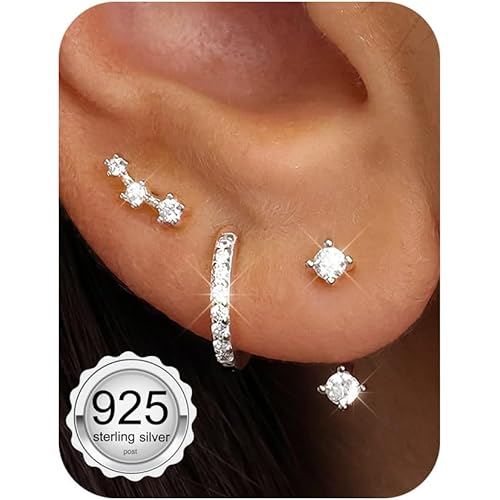 FIASASO 3 Pairs 925 Sterling Silver Hypoallergenic Earrings for Women Trendy - 14K Gold Plated Stud Hoop Cartilage Earrings Set Small Earring Stacks for Sensitive Ears Non Tarnish Dainty Silver Earring