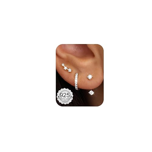 FIASASO 3 Pairs 925 Sterling Silver Hypoallergenic Earrings for Women Trendy - 14K Gold Plated Stud Hoop Cartilage Earrings Set Small Earring Stacks for Sensitive Ears Non Tarnish Dainty Silver Earring