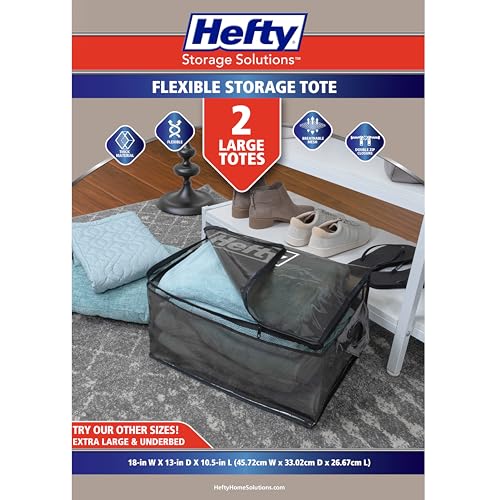 Hefty Large Flexible Tote with Breathable Mesh, Double Zipper, 2 Handles – Ideal for Moving or Clothes & Apparel Storage, Alternative to Plastic Bin, Organizer or Container – 2 Pack - image 2