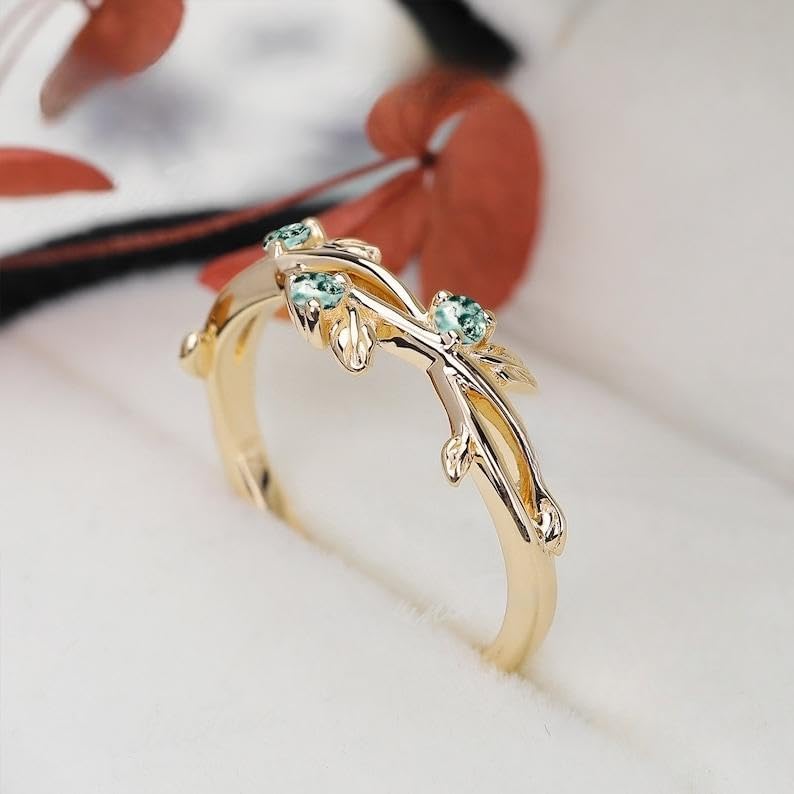 Leaf moss agate wedding band gold wedding band unique green agate ring nature inspired leaf floral ring cluster moissanite ring for women