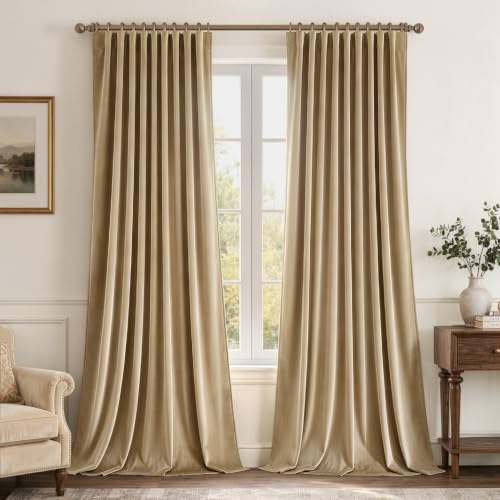 Image of MIULEE Beige Velvet Pinch Pleat Blackout Curtains W52 X L84 Inches