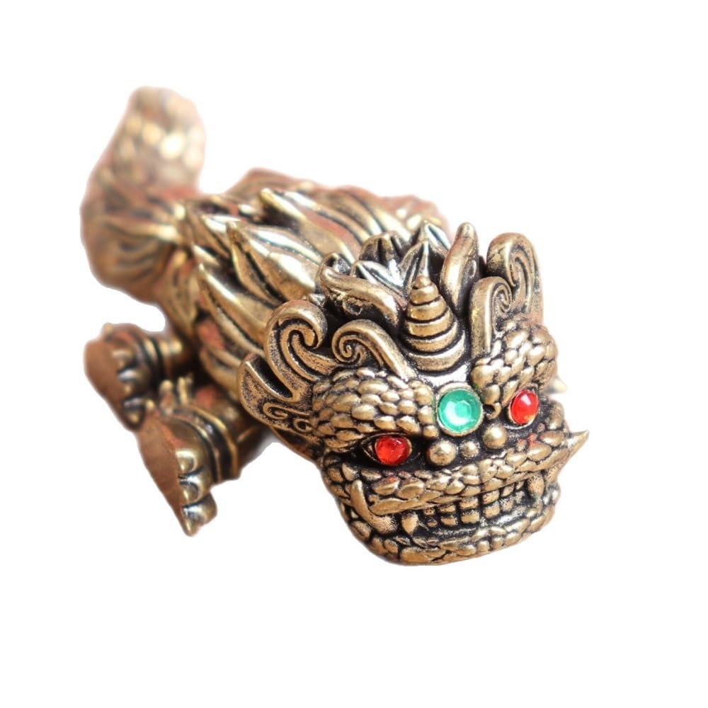 Huffa Brass Lion Dance Statue Retro Desktop Tea Pet Ornament Movable Decor