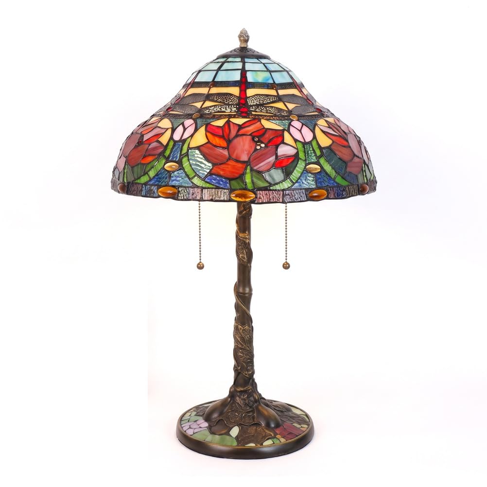 Tiffany Style Dragonfly Table Lamp Lotus Stained Glass Desk Lamp, 16 Inch