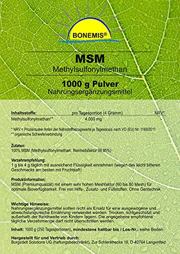 MSM, 1 kg Pulver im Beutel, Premiumqualität (99,95% Reinheitsgrad, 60-80 Mesh), ohne Siliziumdioxid, ohne DMSO-Rückstände, Bonemis®