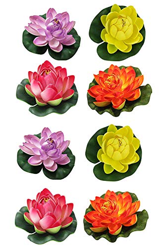 TIED RIBBONS Set of 8 Artificial Floating Lotus Flowers with Rubber Leaf for Outdoor inddoor Home Decoration - Set of 8 (Multicolor)
