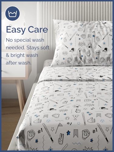 Image of Kids Full Baseball Blue Bed Sheets - 4 Piece Kids Baseball Blue Sheet Set | Baseball Blue Themed Bedding, Ultra-Soft, Cute & Cozy, Breathable & Machine Washable, Bed Set for Boys, Girls & Teens, Comfy