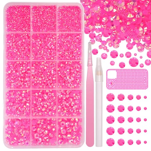 Image of 16000Pcs Flatback Resin Jelly Hot Pink Rhinestones for Crafting Tumblers | Mixed Sizes Pink Gems Rhinestones Bedazzling Crystal with Pickup Tool for DIY Crafts Clothing Mugs Shoes Fabric Nail Art