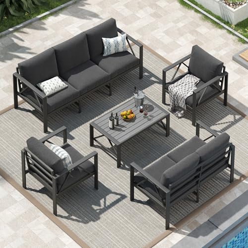 OMERAI Aluminium Garden Furniture Set 7 Seater with Waterproof Cover 5 Piece Oversized Modern Outdoor Sofa Set with Coffee Table Thick Washable Cushions for Patio Deck & Balcony Dark Grey