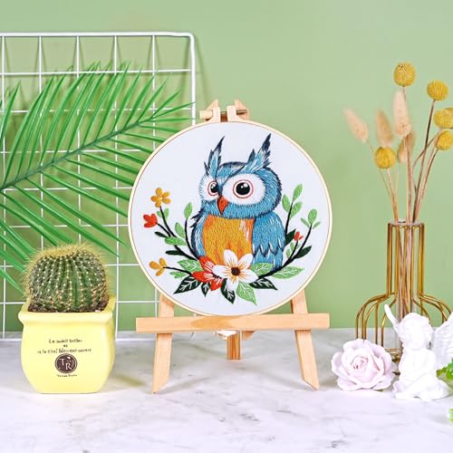 Image of KESTAR Embroidery Starter Kit, Owl Flower Embroidery Kit for Adults Beginners, Cross Stitch Kits with Embroidery Cloth Hoops Needles Instruction and Threader