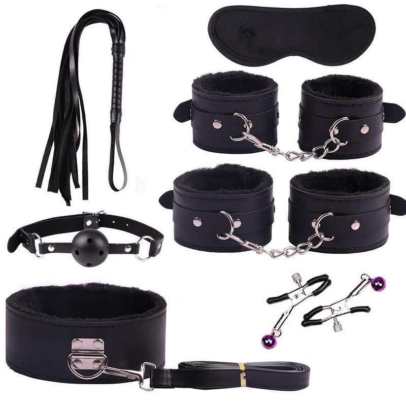 Juego De Mangas De Cuero Liso Negro De 7 Piezas Con Accesorios De Peluche Para Uso Ajustable
