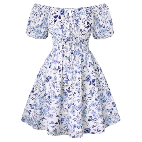 Image of Scarlet Darkness Women's Off The Shoulder Summer Dress Floral Puff Sleeve Renaissance Dresses