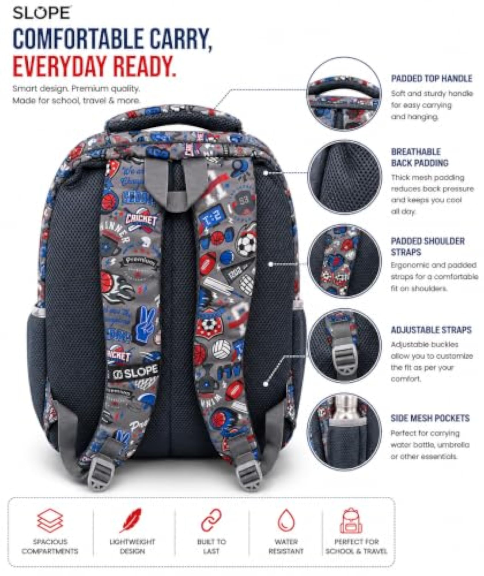 Kids Grey School Backpack with Sports Print