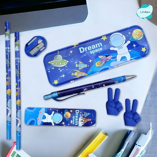 Image of Stationary Set School Kit Good For Birthday Return Gift Cute Educational Supplies For Kids -1*Steel Pencil Box,1*Lead Pencil,2*Pencils,1*Sharpener,1*Pencil Leads,2*Pencil Caps - (Space Theme)
