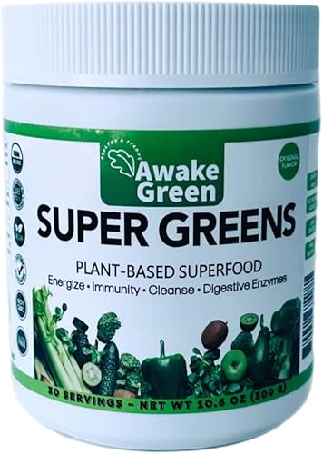 Awake Green - Super Greens - Superalimento en polvo - Suplemento vegano orgánico sin OMG USDA - para alivio digestivo y de la hinchazón - más de 20