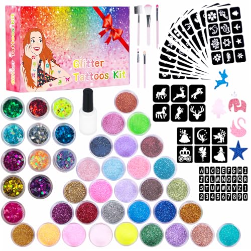 Glitzer Tattoo Set Kinder 30 Farben Temporäre Glitzertattoos mit 207 Schablonen 12 Pailletten 5 Pinseln & 2 Klebern Tattoo Kinder Set für Mädchen Jungen Kindergeburtstag Party Bastelset